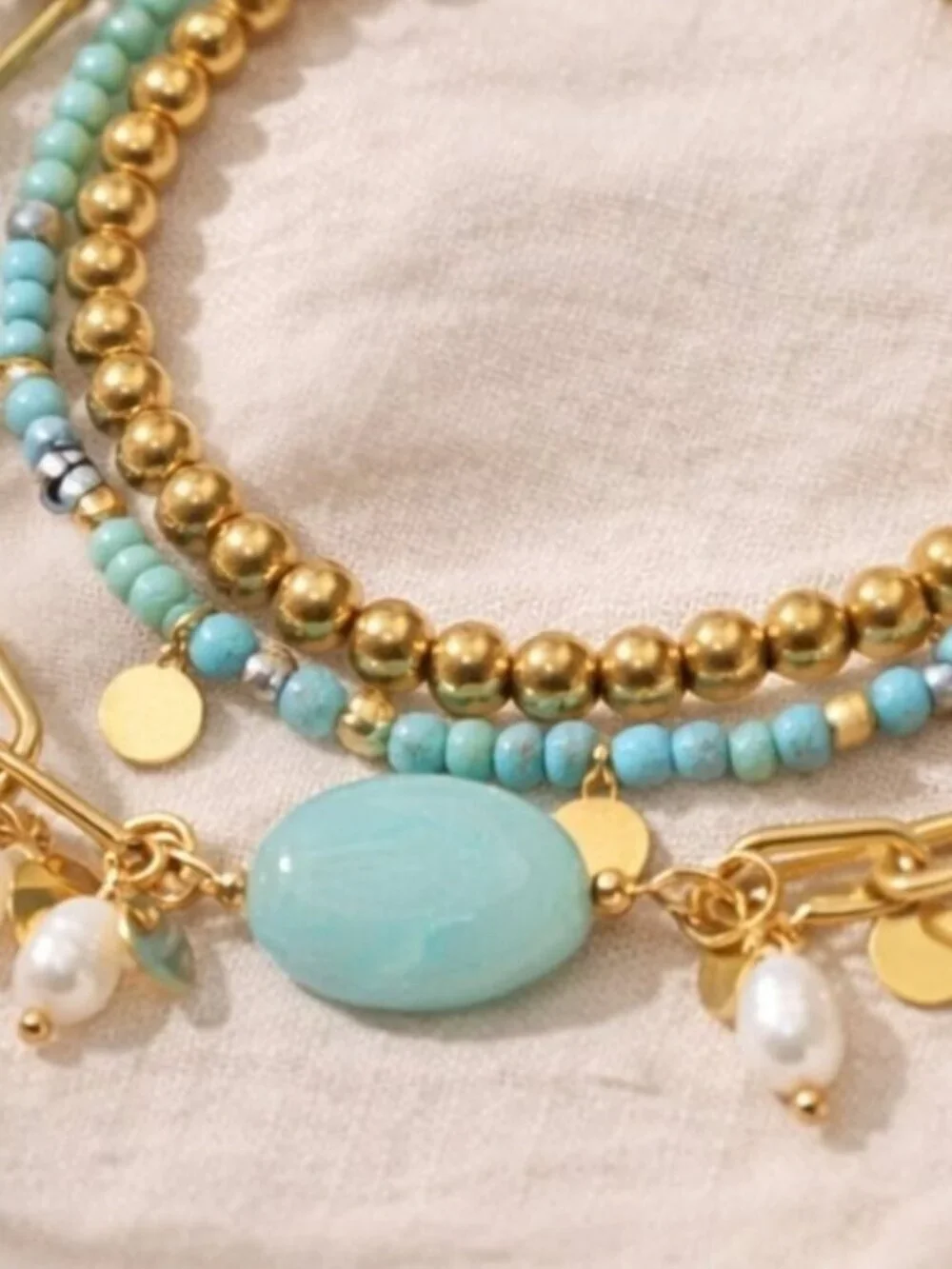 18k Gold Plated 316L SS Blue Jade and Freshwater Pearl Stackable Bracelet Set